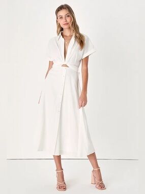 Lulu's White Midi Button-Front Cutout Dress